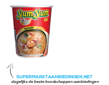 Yum Yum Shrimp flavour instant noodles cup aanbieding